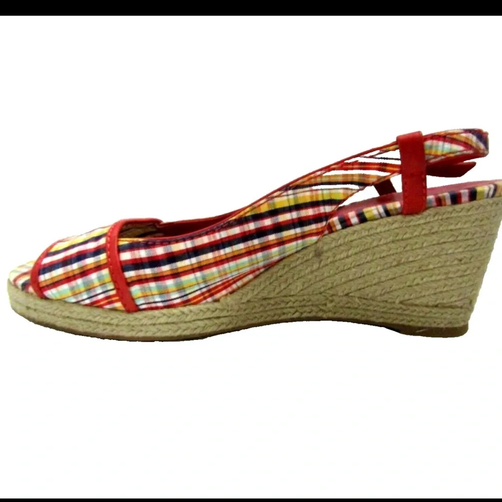 Etiienne Aigner Stylish Red Plaid espadrille‎ Wedge Slingback Sandals Sz 9 1/2